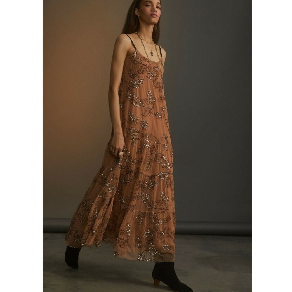 NWT Anthropologie Sequin Tulle Maxi Dress M $248 Taupe Cocktail Spaghetti Strap
